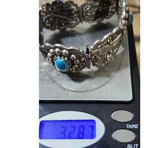 Vintage Egyption 800 Silver Faience Scarab Filagree Panel Bracelet